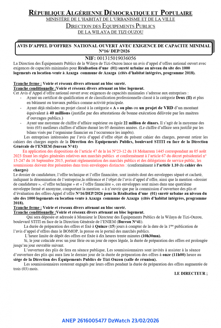 AVIS D’APPEL D’OFFRES NATIONAL OUVERT AVEC EXIGENCE DE CAPACITE MINIMAL