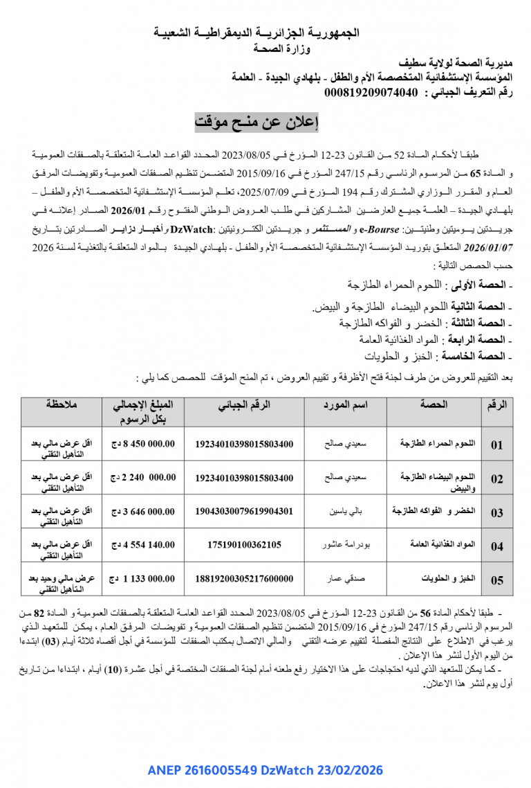 إعلان عن منح مؤقت