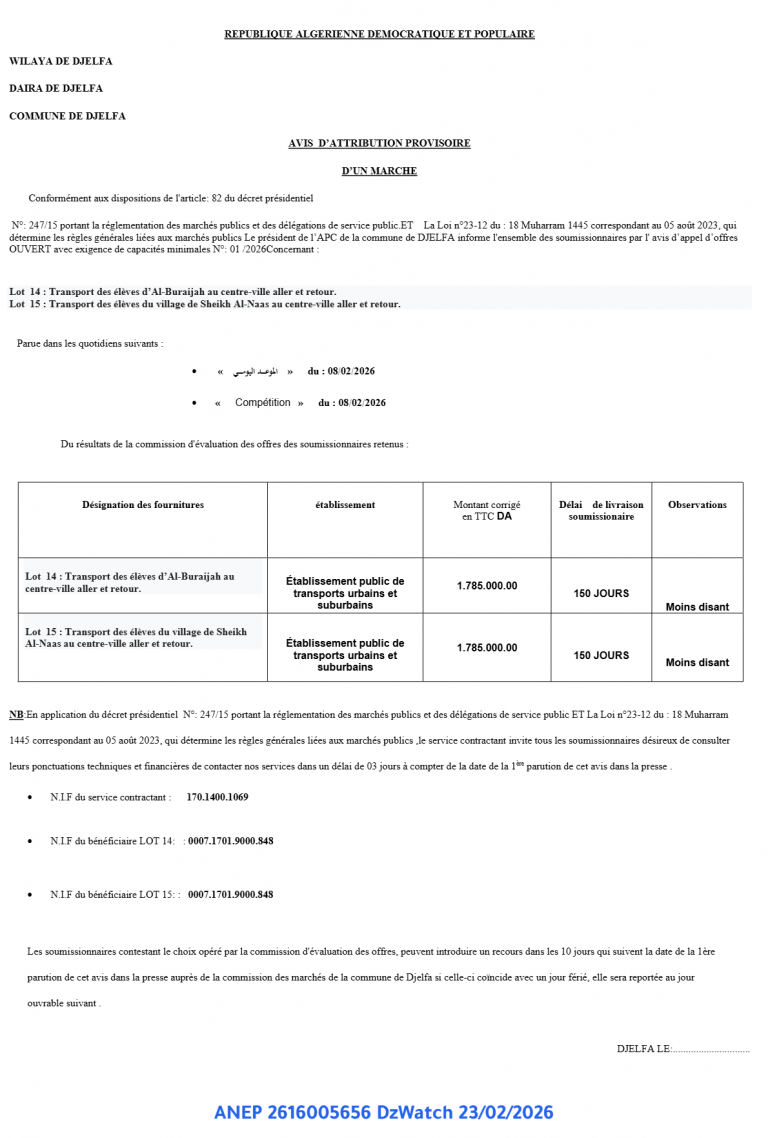 AVIS D’ATTRIBUTION PROVISOIRE D’UN MARCHE