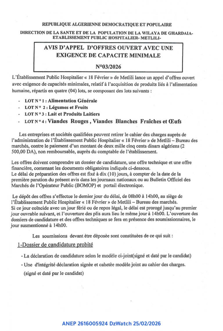 AVIS D’APPEL D’OFFRES OUVERT AVEC UNE EXIGENCE DE CAPACITE MINIMALE