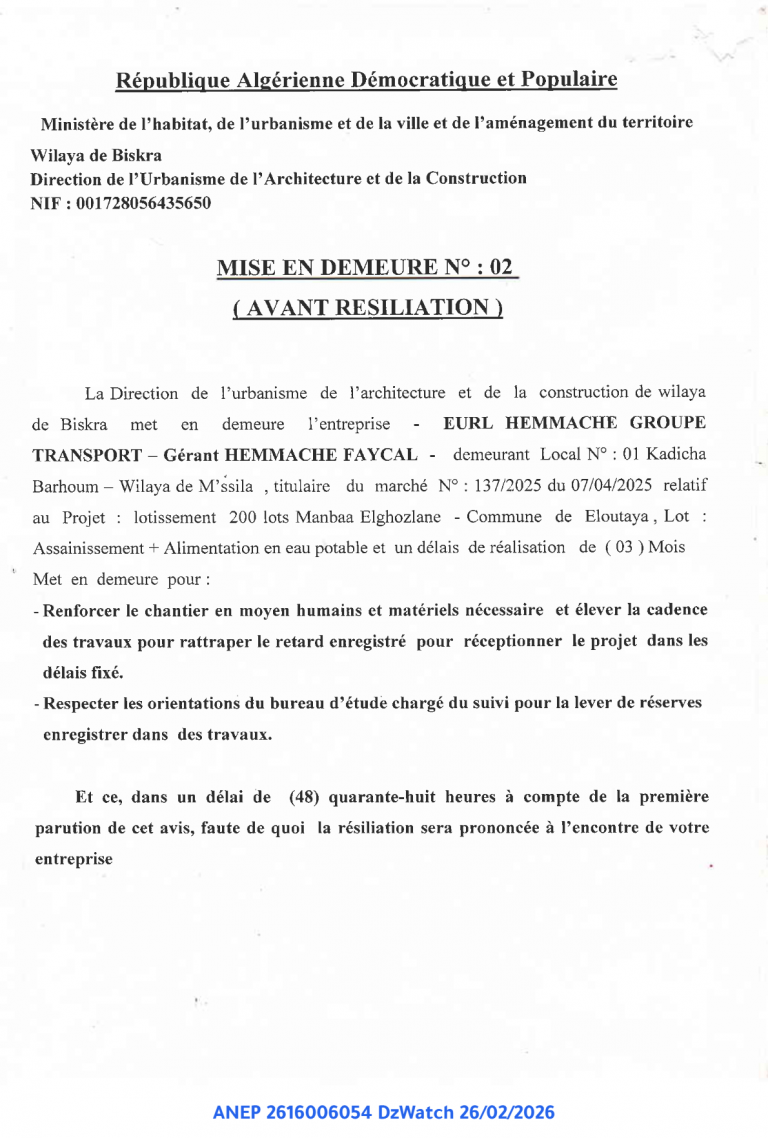 MISE EN DEMEURE N° : 02