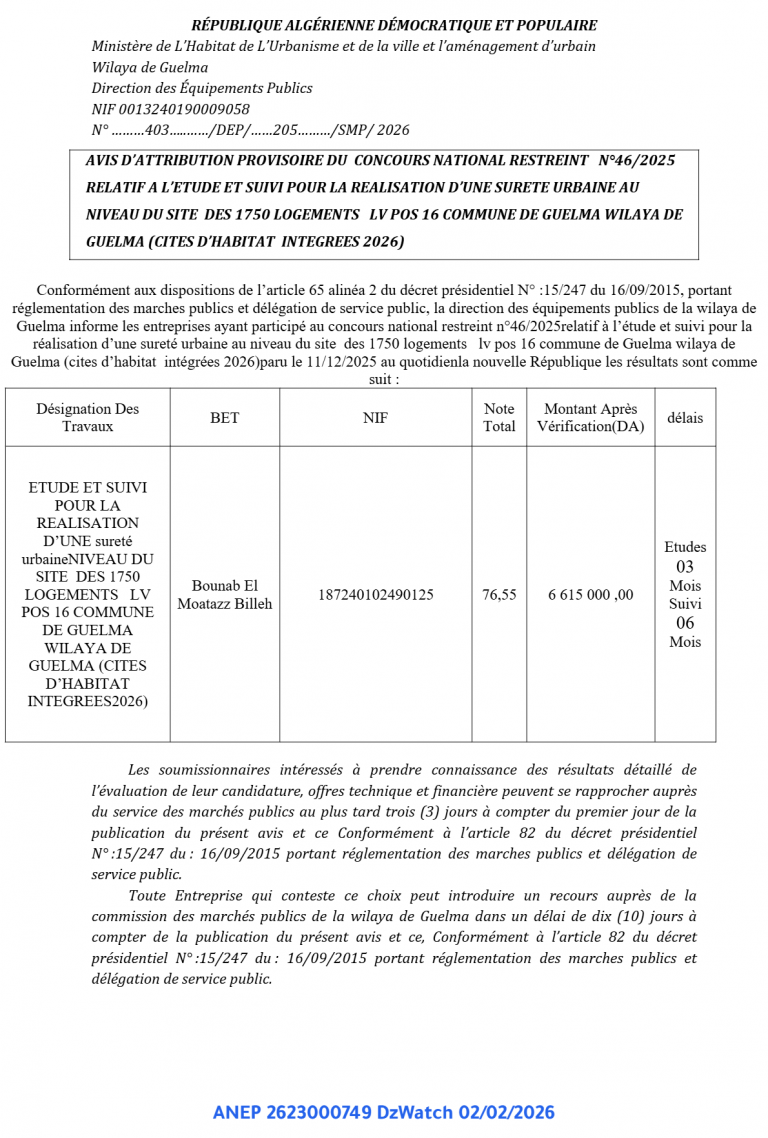 AVIS D’ATTRIBUTION PROVISOIRE DU CONCOURS NATIONAL RESTREINT N°46/2025