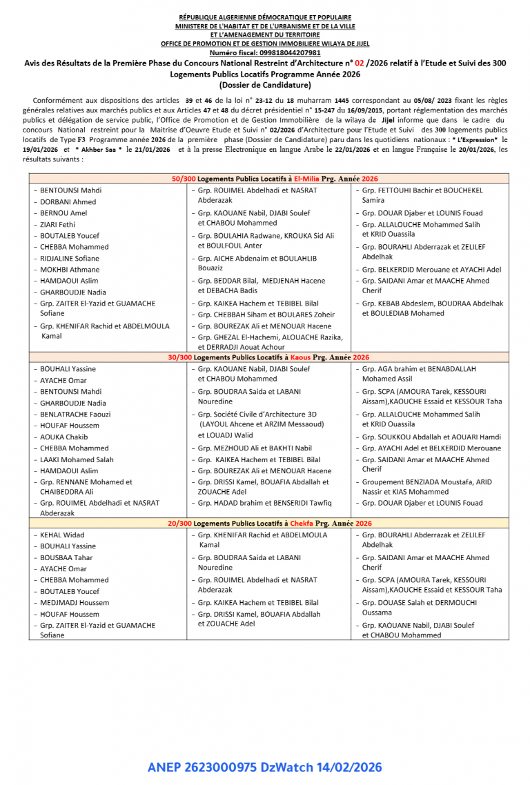 Avis des Résultats de la Première Phase du Concours National Restreint d’Architecture n° 02 /2026