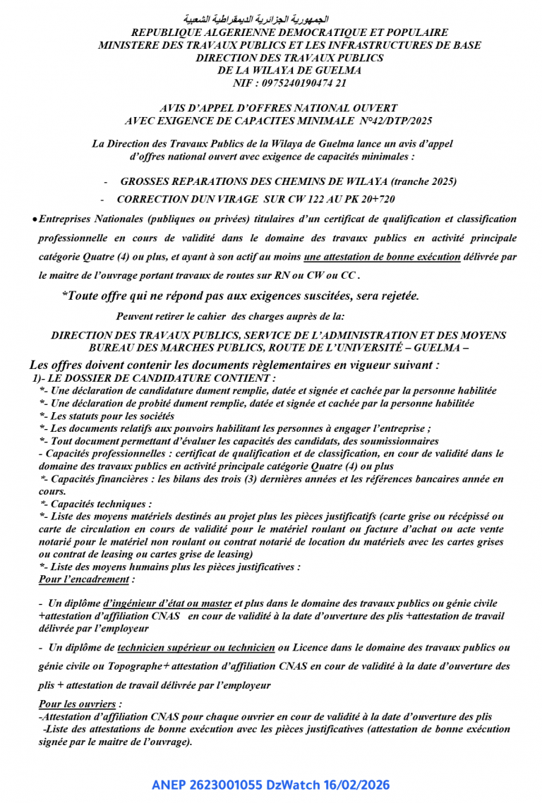 AVIS D’APPEL D’OFFRES NATIONAL OUVERT AVEC EXIGENCE DE CAPACITES MINIMALE N°42/DTP/2025