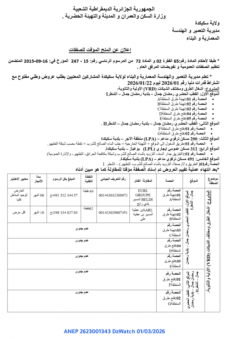 إعلان عن المنح المؤقت للصفقات