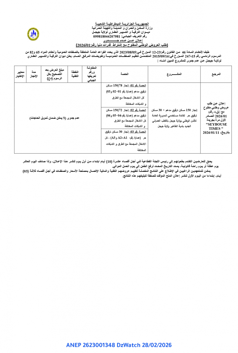 إعلان عن عدم جدوى