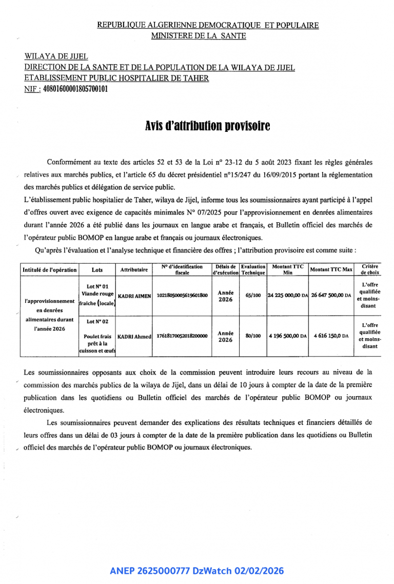 Avis d’attribution provisoire
