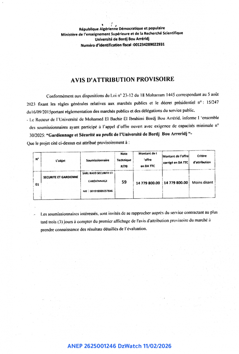 AVIS D’ATTRIBUTION PROVISOIRE