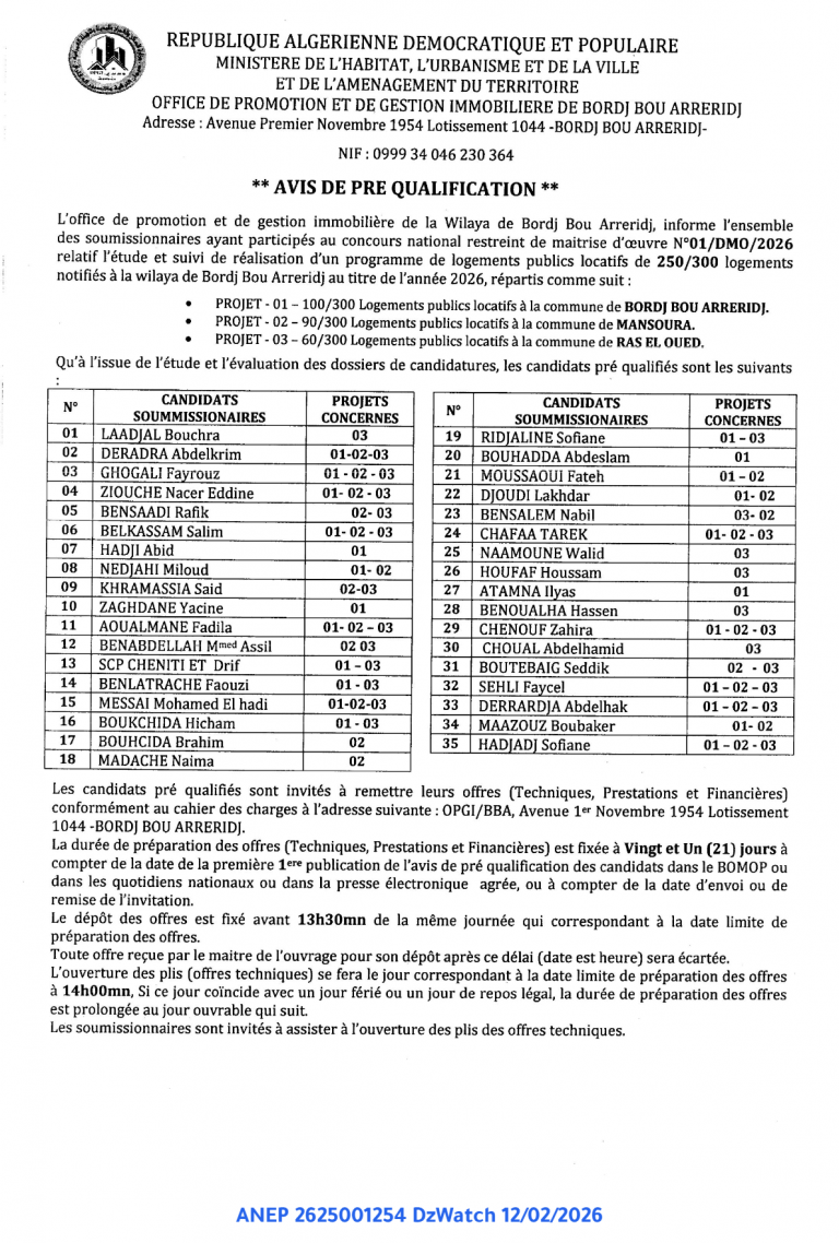 AVIS DE PRE QUALIFICATION