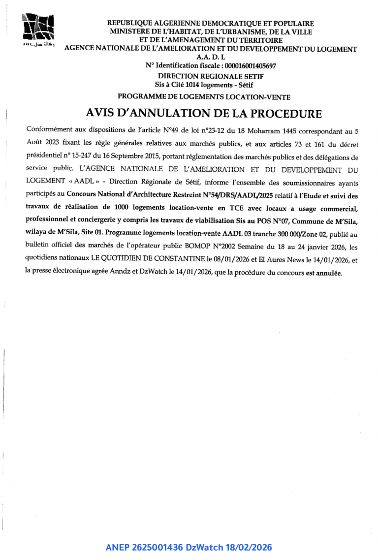 AVIS D’ANNULATION DE LA PROCEDURE