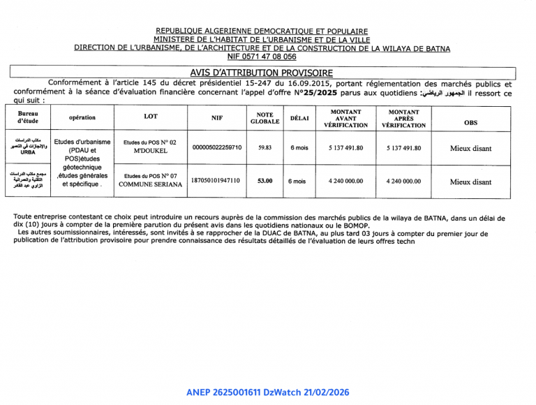 AVIS D’ATTRIBUTION PROVISOIRE