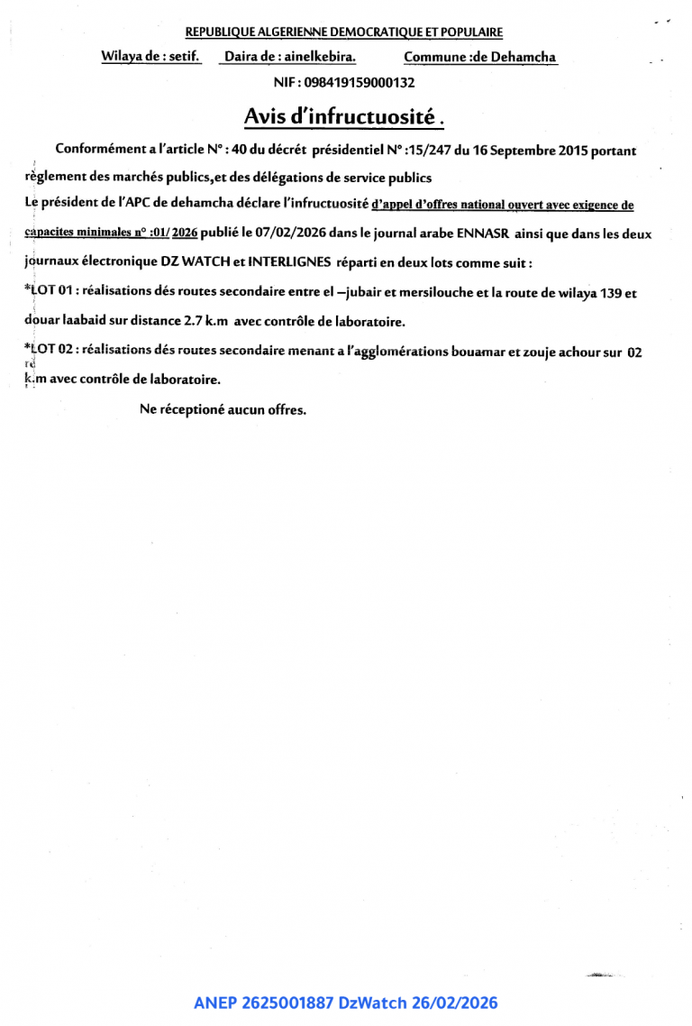 Avis d’infructuosité