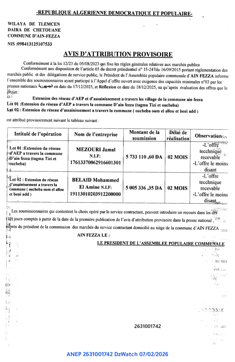 AVIS D’ATTRIBUTION PROVISOIRE