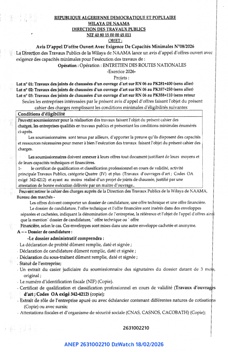 Avis D’appel D’offre Ouvert Avec Exigence De Capacités Minimales N°08/2026
