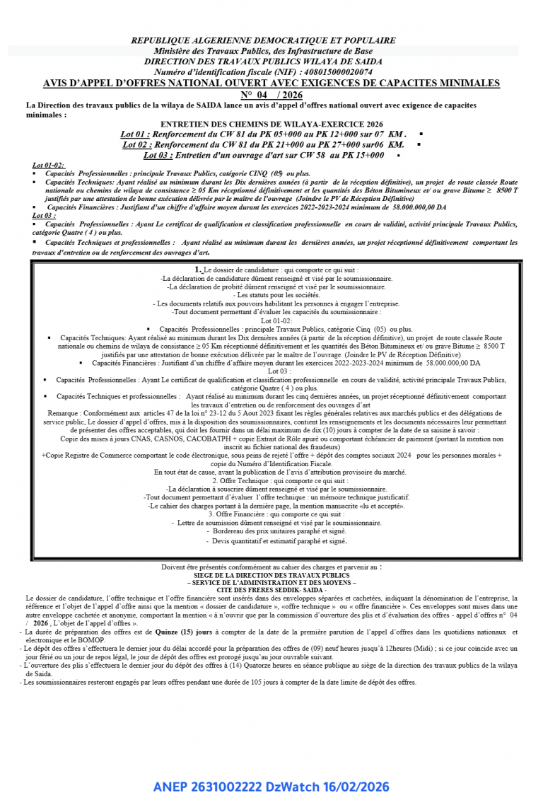 AVIS D’APPEL D’OFFRES NATIONAL OUVERT AVEC EXIGENCES DE CAPACITES MINIMALES