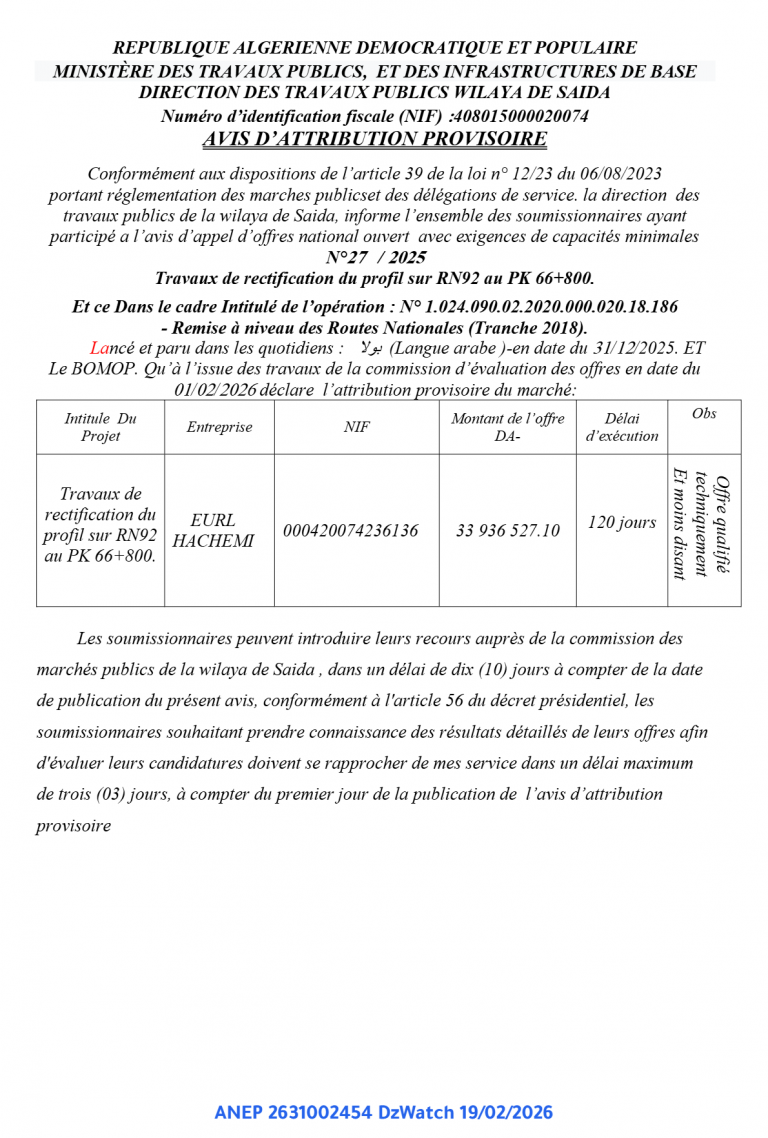 AVIS D’ATTRIBUTION PROVISOIRE