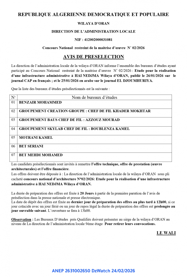 AVIS DE PRESELECTION