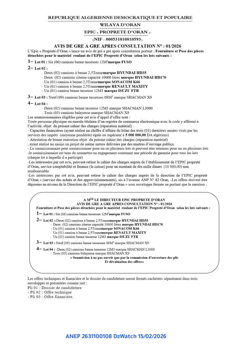 AVIS DE GRE A GRE APRES CONSULTATION N° : 01/2026