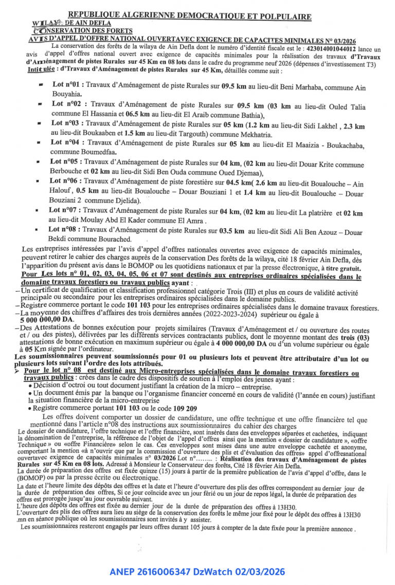 AVIS D’APPEL D’OFFRE NATIONAL OUVERT AVEC EXIGENCE DE CAPACITES MINIMALES