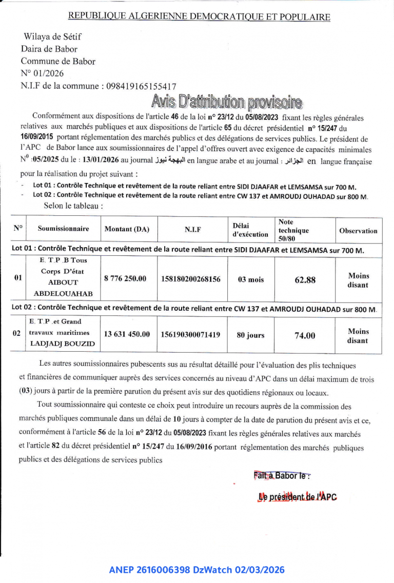 Avis d’Attribution provisoire