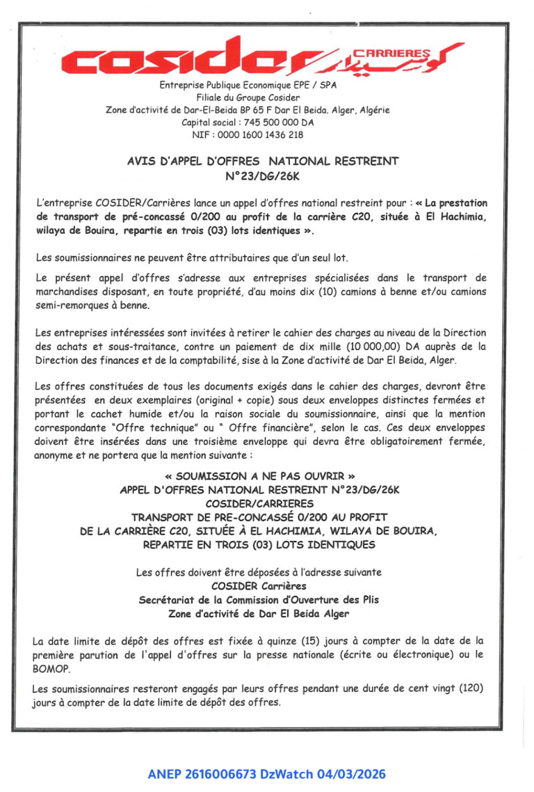 AVIS D’APPEL D’OFFRES NATIONAL RESTREINT
