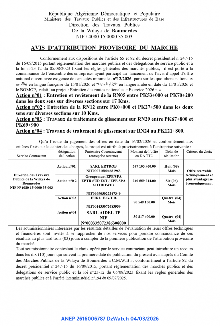AVIS D’ATTRIBUTION PROVISOIRE DU MARCHE