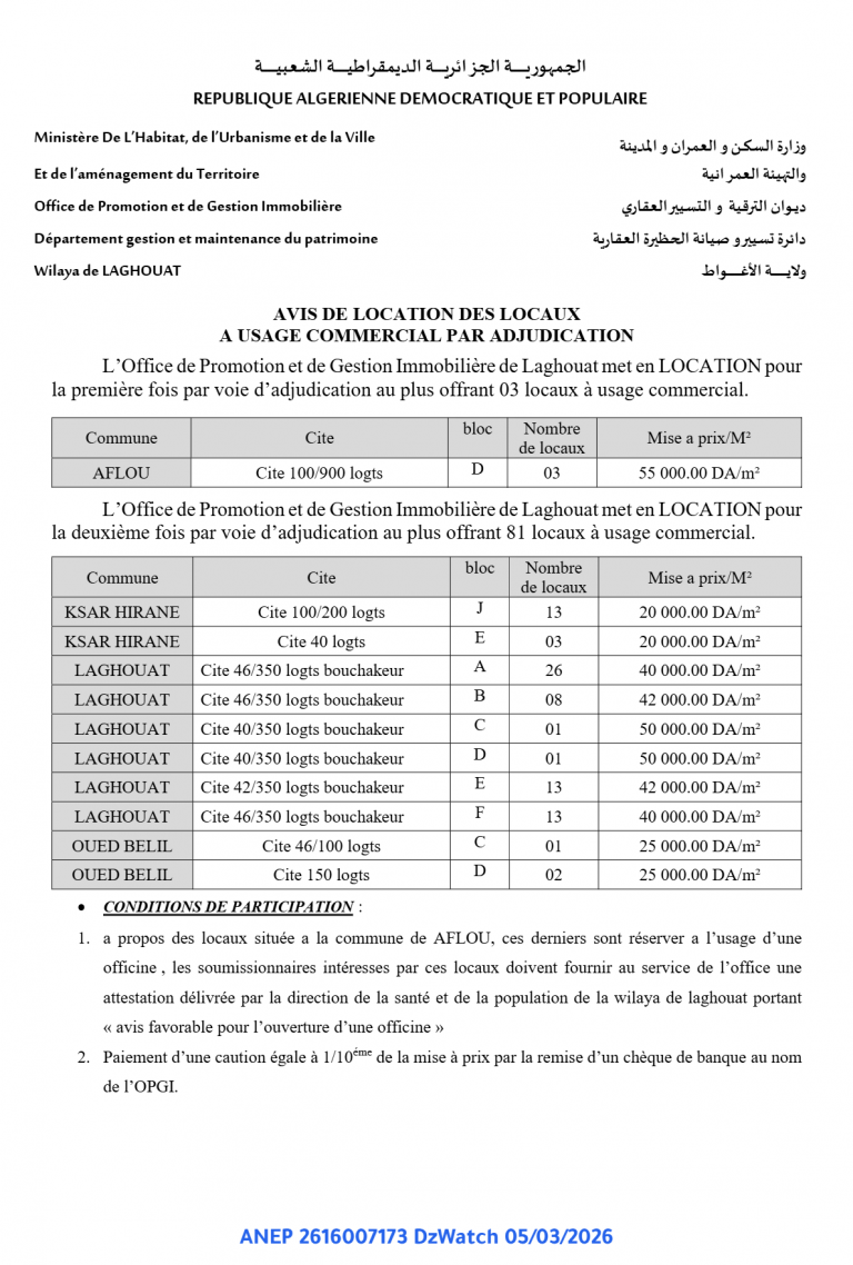 AVIS DE LOCATION DES LOCAUX A USAGE COMMERCIAL PAR ADJUDICATION