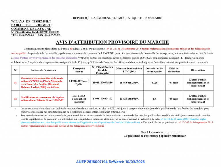 AVIS D’ATTRIBUTION PROVISOIRE DU MARCHE