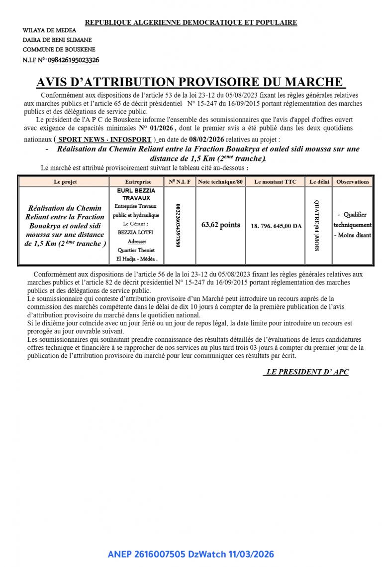 AVIS D’ATTRIBUTION PROVISOIRE DU MARCHE