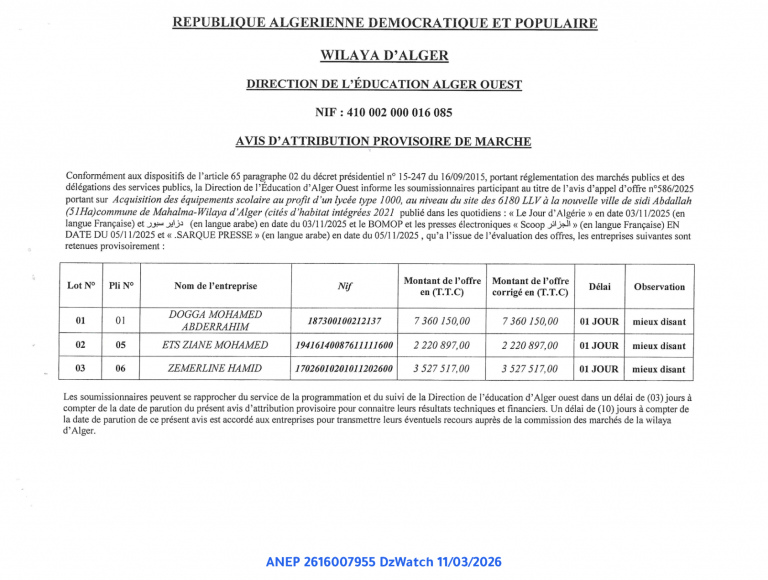 AVIS D’ATTRIBUTION PROVISOIRE DE MARCHE