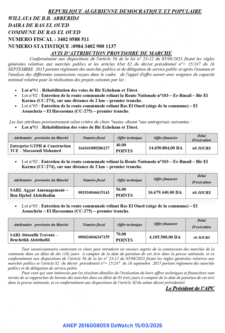 AVIS D’ATTRIBUTION PROVISOIRE DE MARCHE