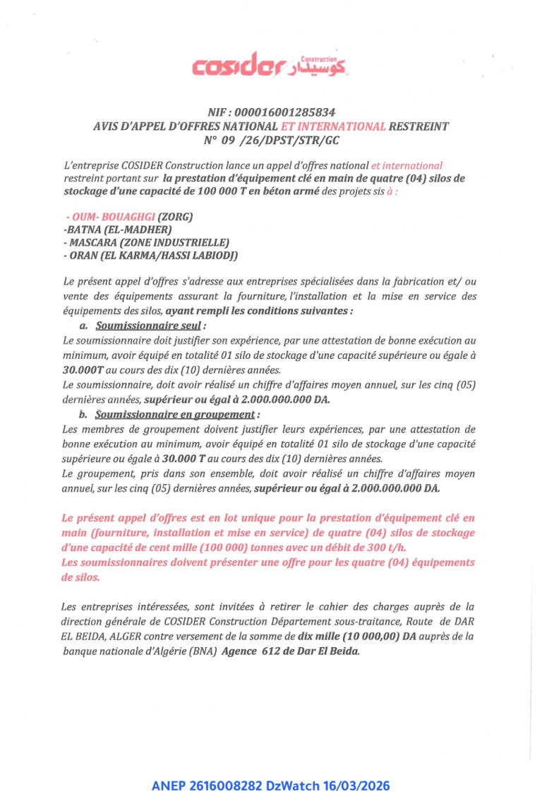 AVIS D’APPEL D’OFFRES NATIONAL ET INTERNATIONAL RESTREINT