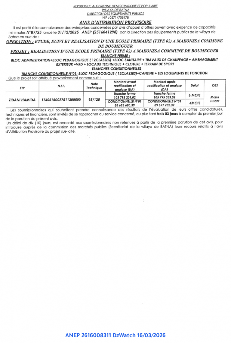 AVIS D’ATTRIBUTION PROVISOIRE