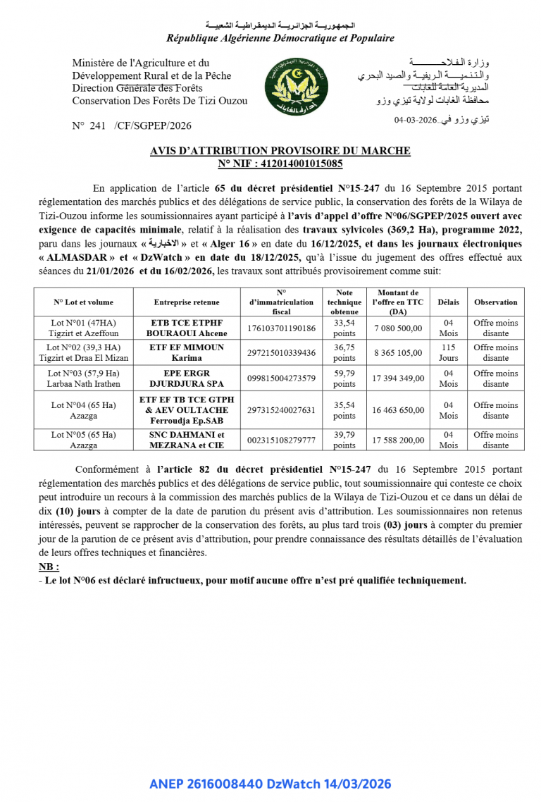 AVIS D’ATTRIBUTION PROVISOIRE DU MARCHE