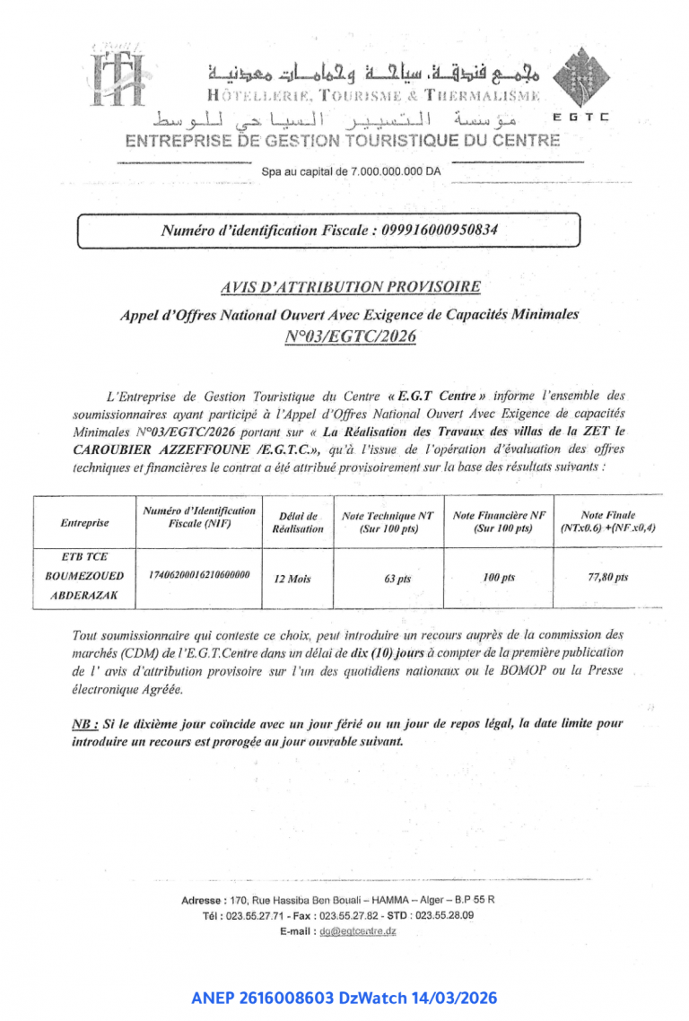 AVIS D’ATTRIBUTION PROVISOIRE
