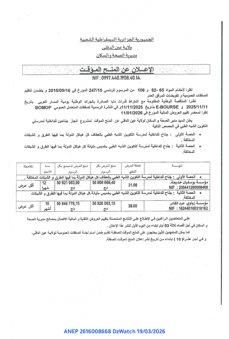 الإعلان عن المنح المؤقت