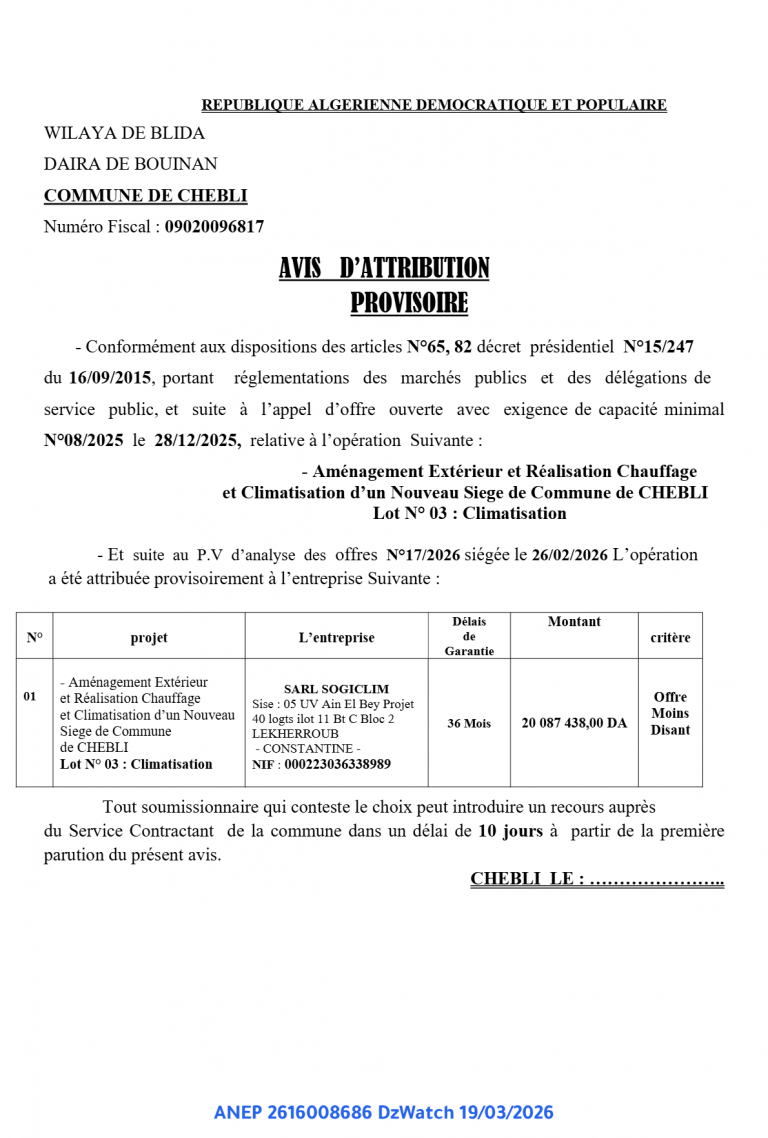 AVIS D’ATTRIBUTION PROVISOIRE