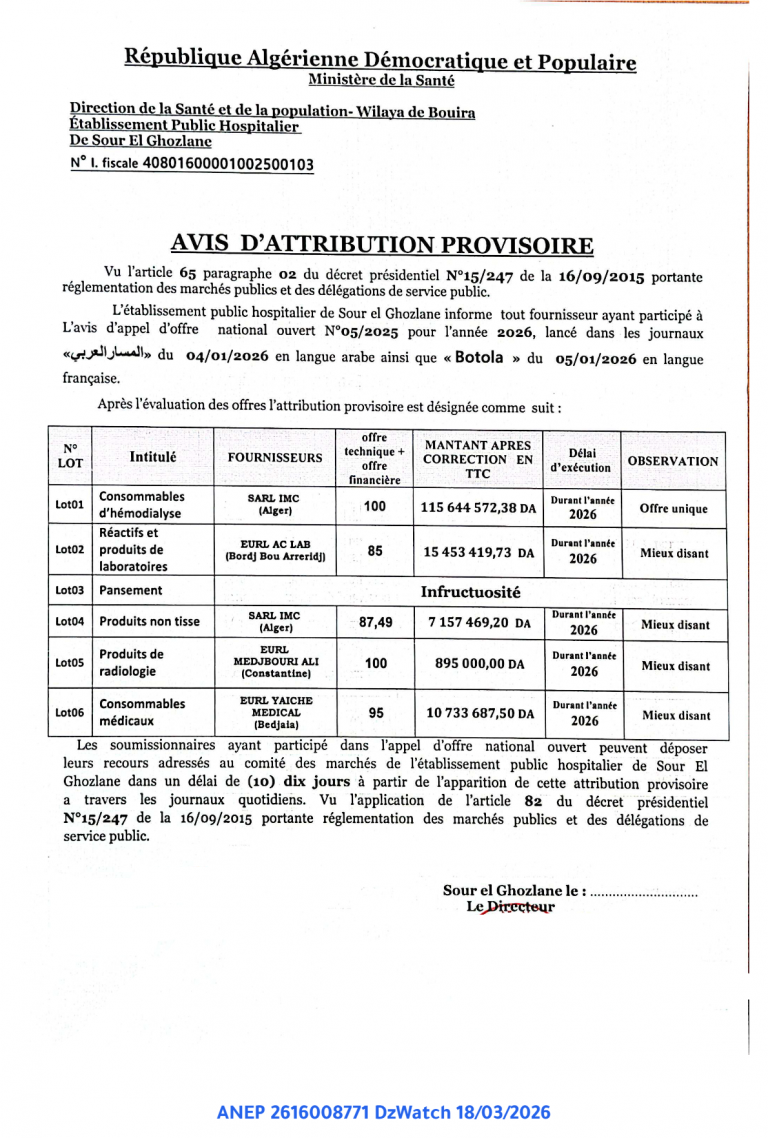 AVIS D’ATTRIBUTION PROVISOIRE
