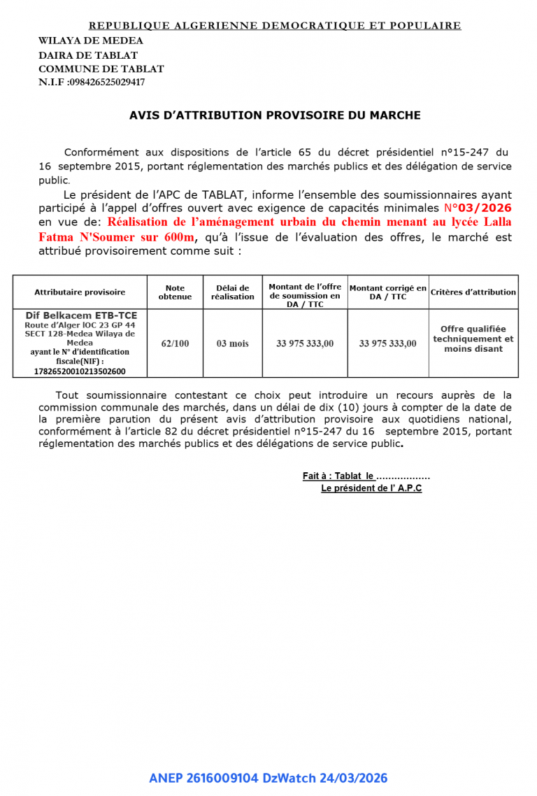AVIS D’ATTRIBUTION PROVISOIRE DU MARCHE
