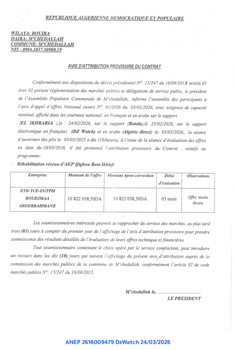 AVIS D’ATTRIBUTION PROVISOIRE DU CONTRAT