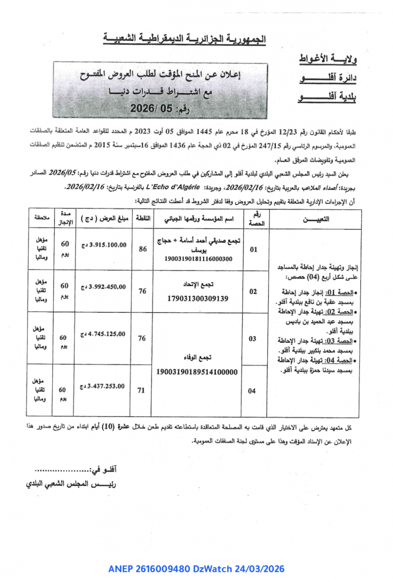 إعلان عن المنح المؤقت لطلب العروض المفتوح