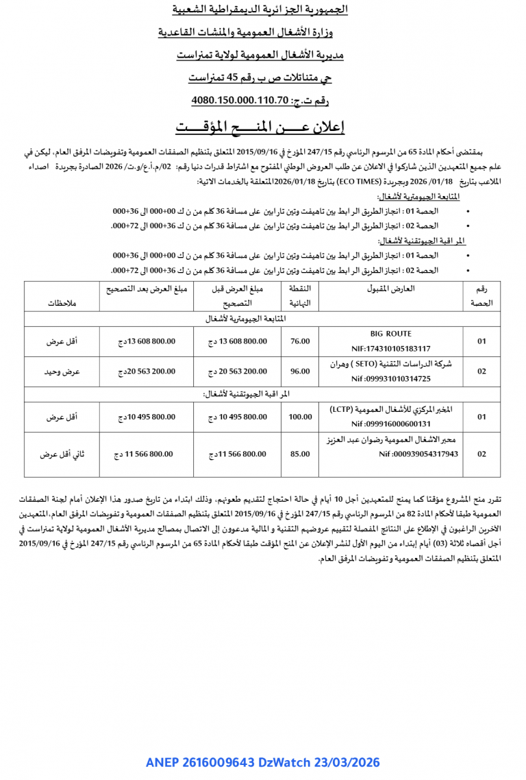 إعلان عن المنح المؤقت