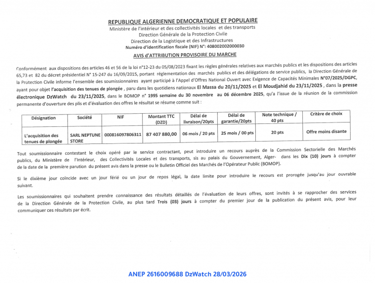 AVIS d’ATTRIBUTION PROVISOIRE DU MARCHE