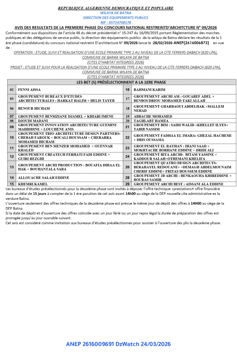 AVIS DES RESULTATS DE LA PREMIERE PHASE DU CONCOURS NATIONAL RESTREINTD’ARCHITCTURE N° 09/2026