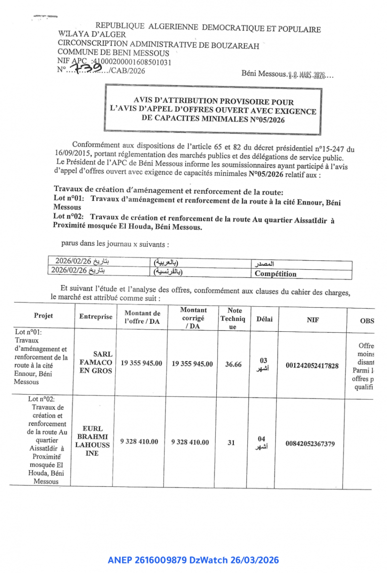 AVIS D’ATTRIBUTION PROVISOIRE