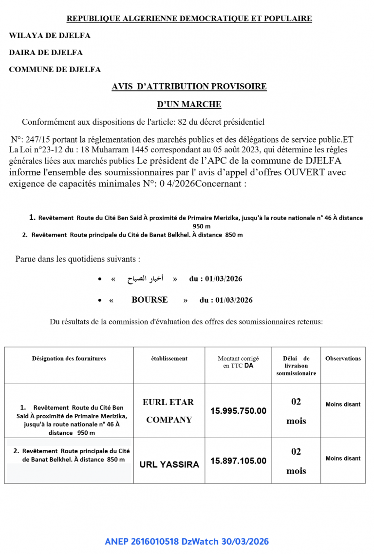 AVIS D’ATTRIBUTION PROVISOIRE D’UN MARCHE