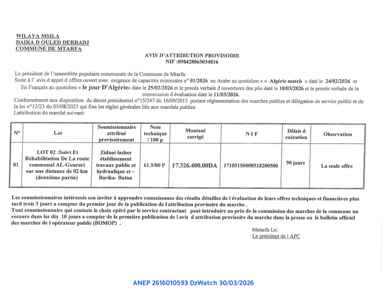 AVIS D’ATTRIBUTION PROVISOIRE