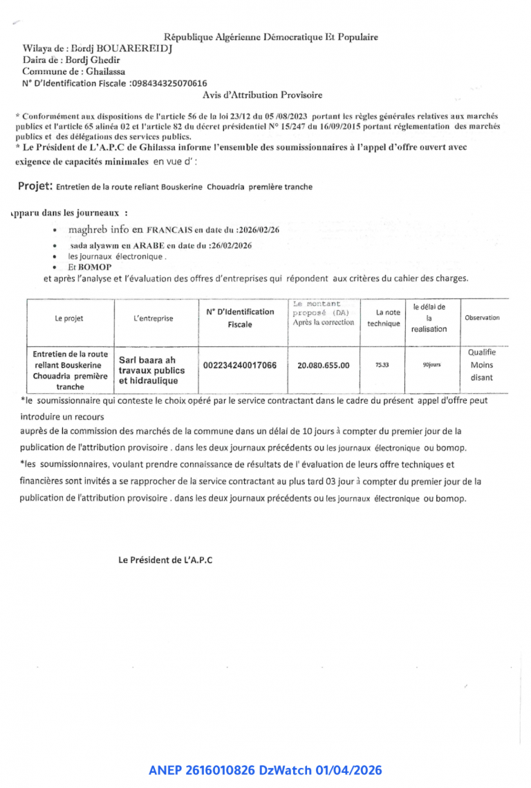 Avis d’Attribution Provisoire