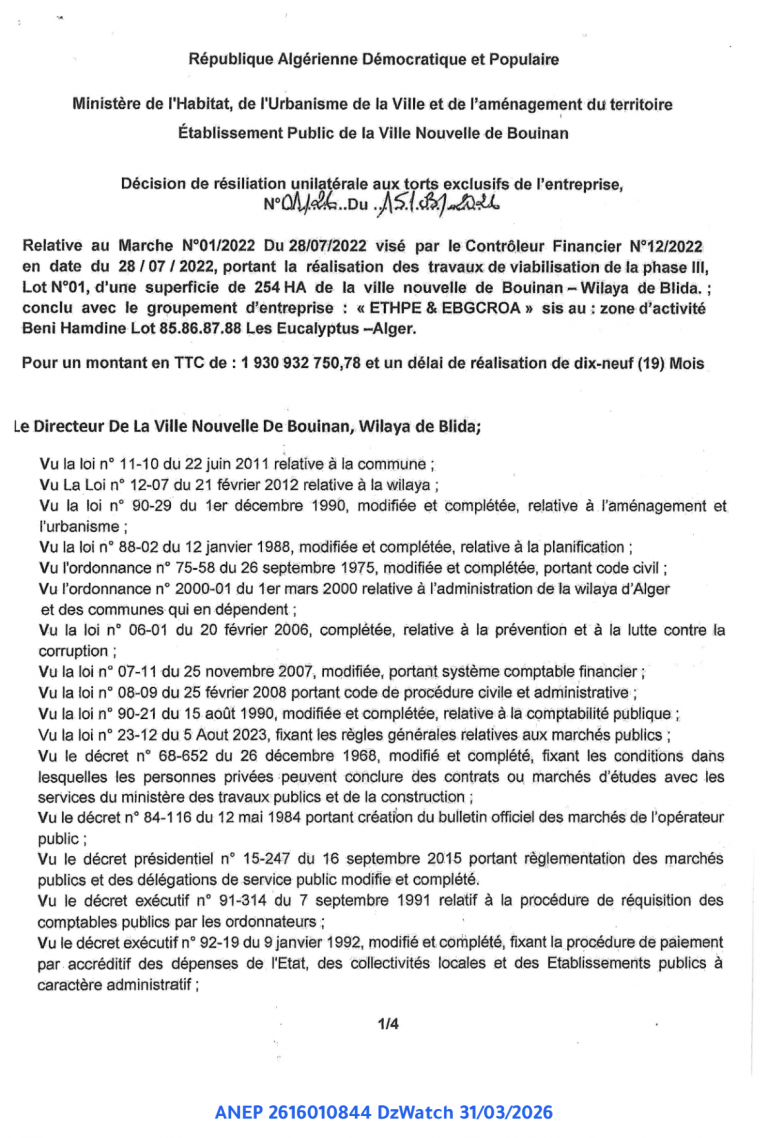 Décision de résiliation unilatérale