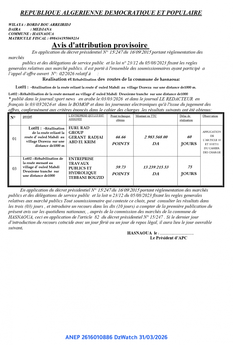 Avis d’attribution provisoire